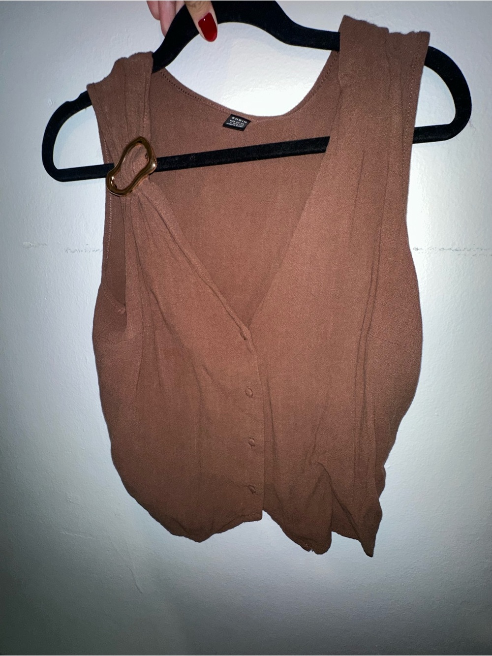 SHEIN Sleeveless V-Neck Brown Button Front Top